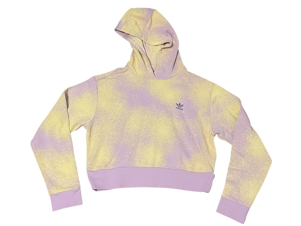Adidas Hoodie Unisex Kids 14-16 Purple Yellow Pullover Trefoil Graphic Print